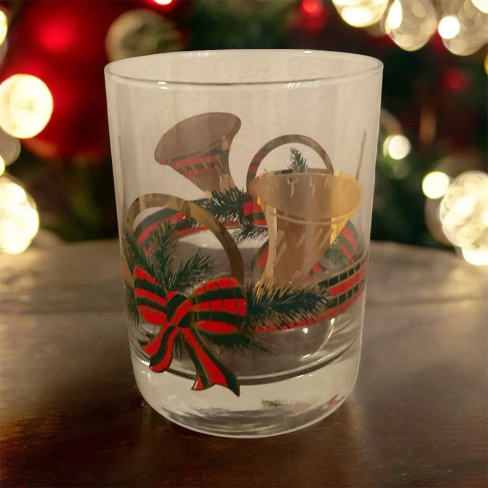 Set Of 4 Vintage‎ MCM Culver Glasses 22k Gold Christmas Yule Horn With Box